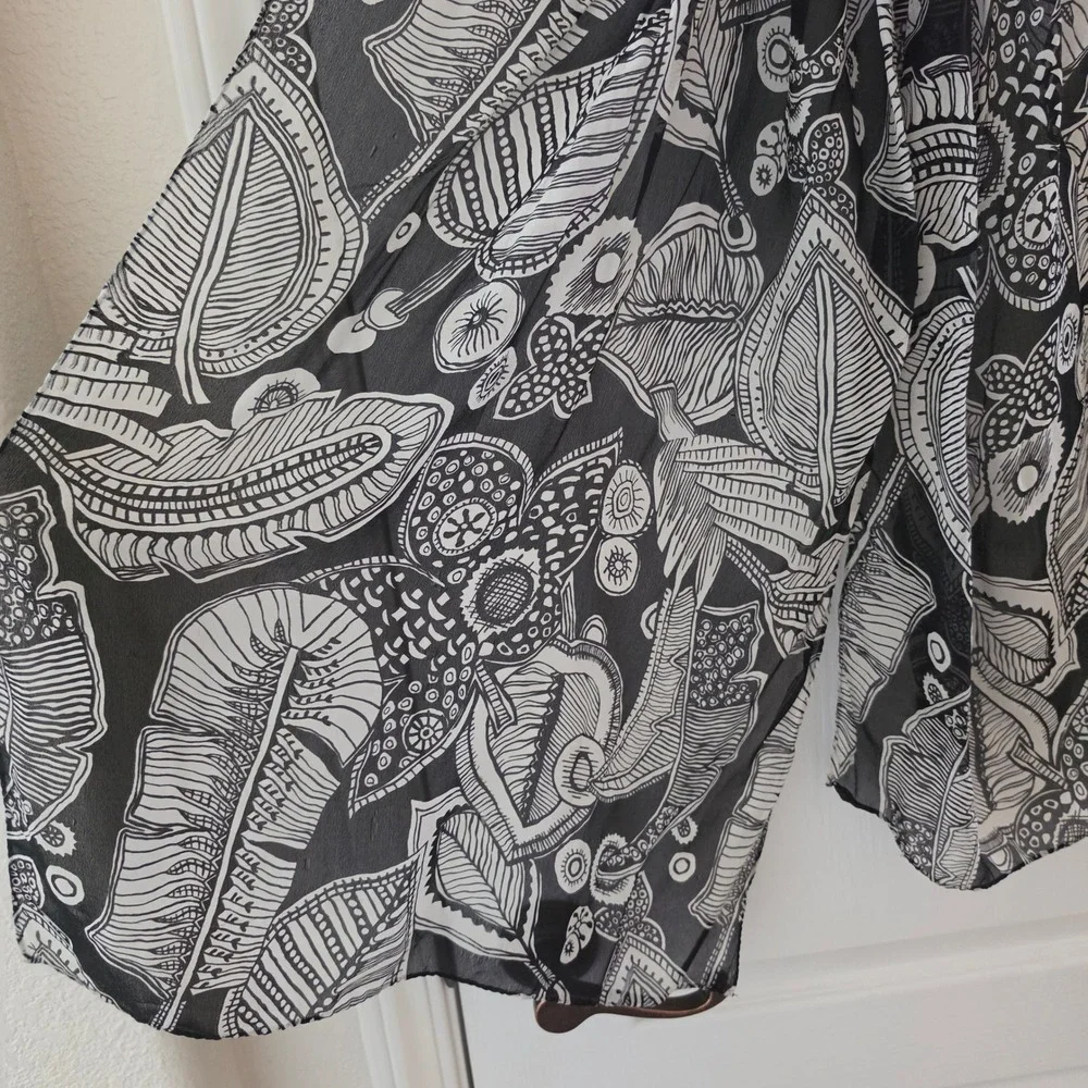 Vintage Silk Scarf Black White Botanical Leaf Print Sheer Oblong Wrap 18x60